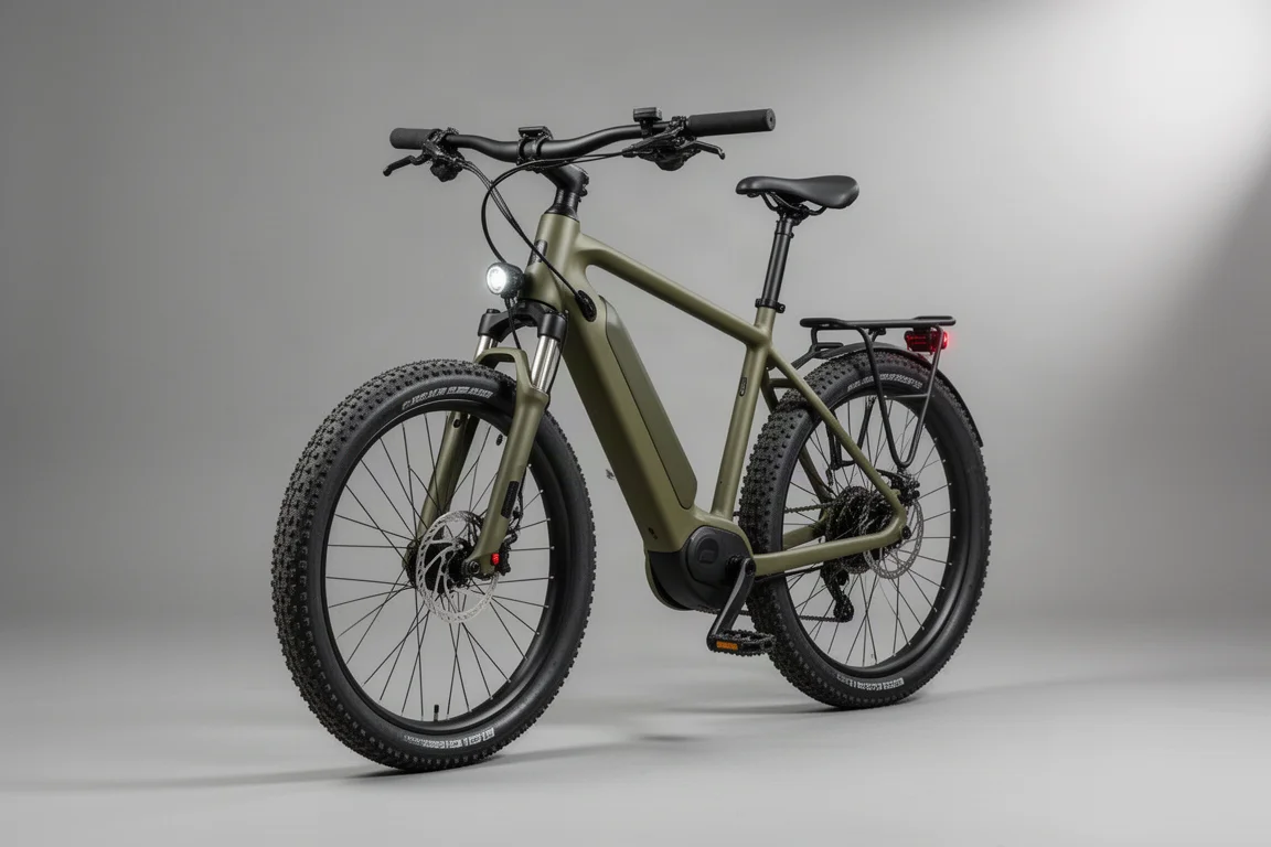ドロップバー、サスペンションフォーク、統合型ヘッドライトを備えたカーボングラベルバイクがコンクリート床に置かれている