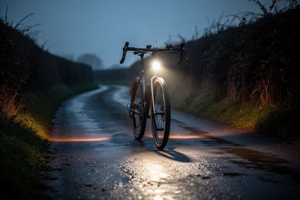 Dynamodriven framlampa som kastar ett ljus över en mörk grusväg på natten