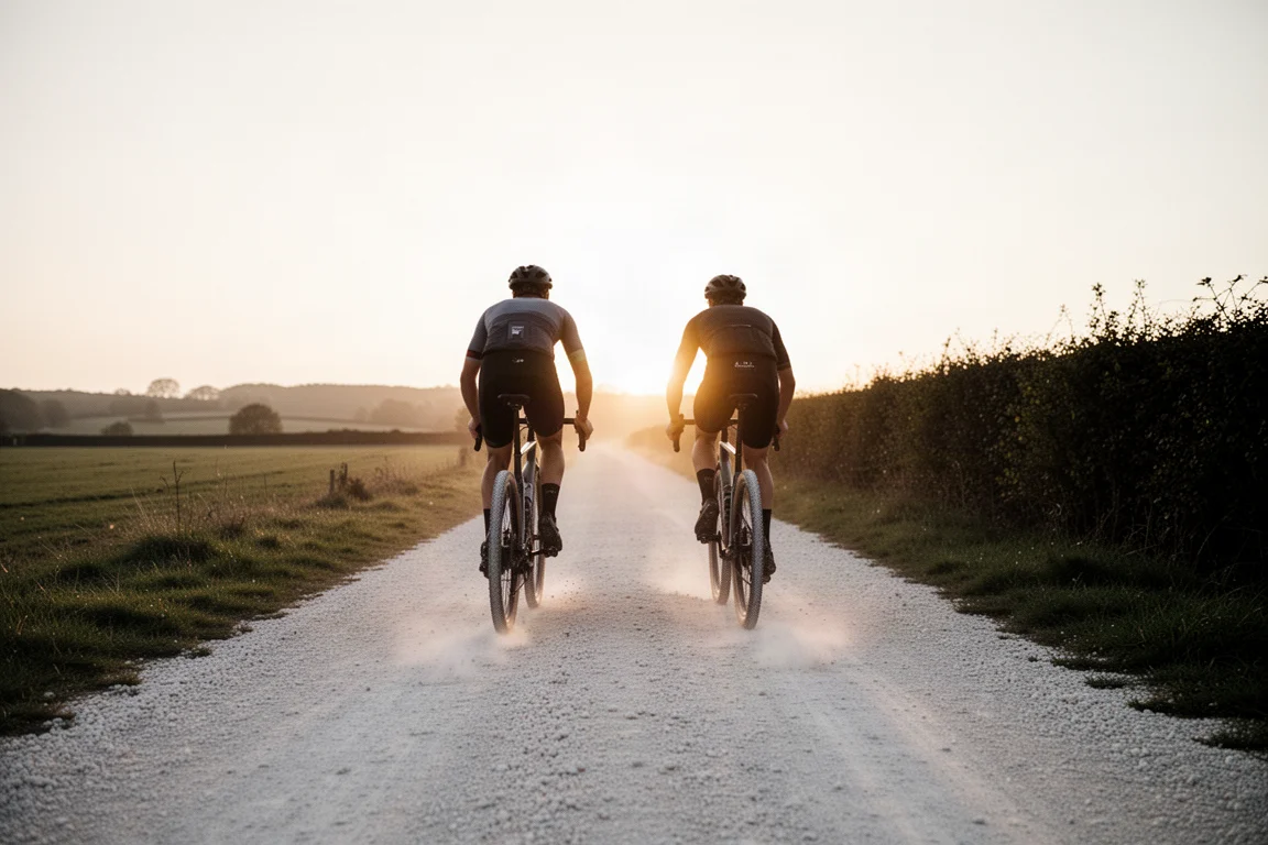Dos ciclistas de gravel rodando uno al lado del otro por una pista de grava blanca a la hora dorada