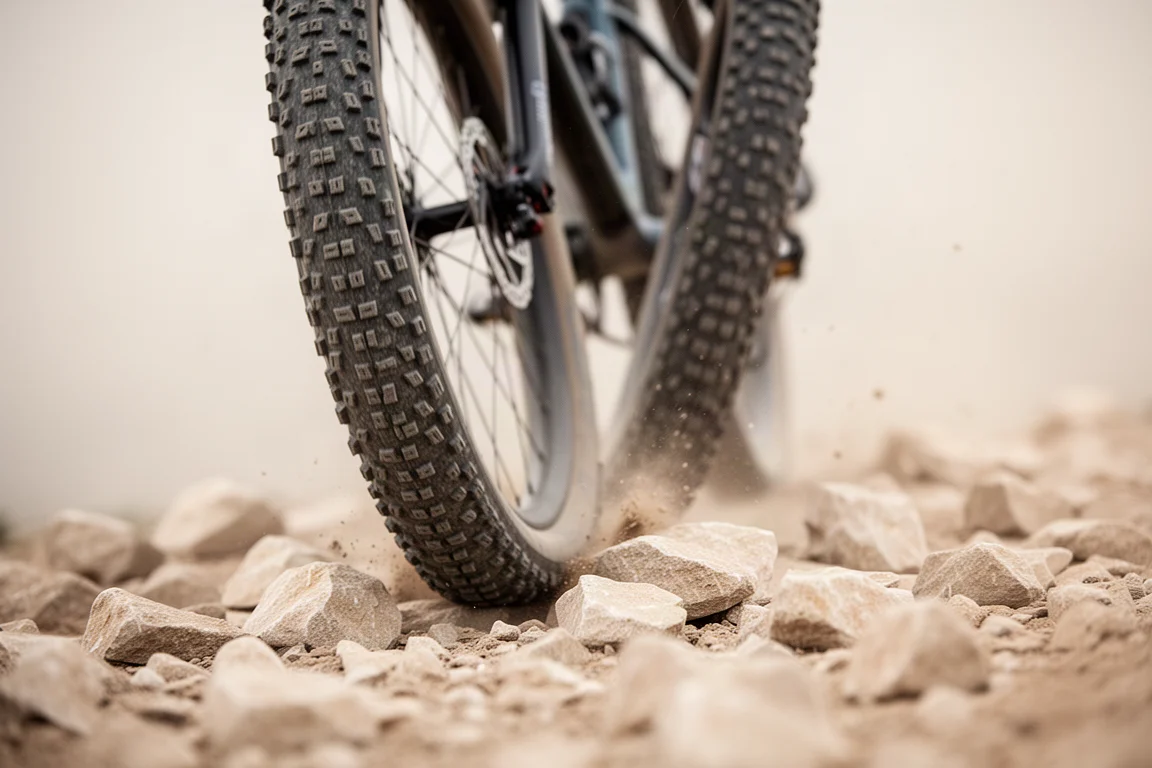 Primer plano de un neumático de gravel con tacos rodando sobre terreno rocoso y suelto