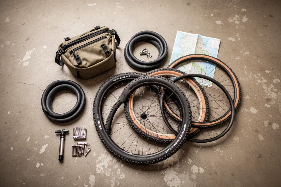 Vista cenital de bolsas de bikepacking, herramientas y dos neumáticos de gravel sobre hormigón