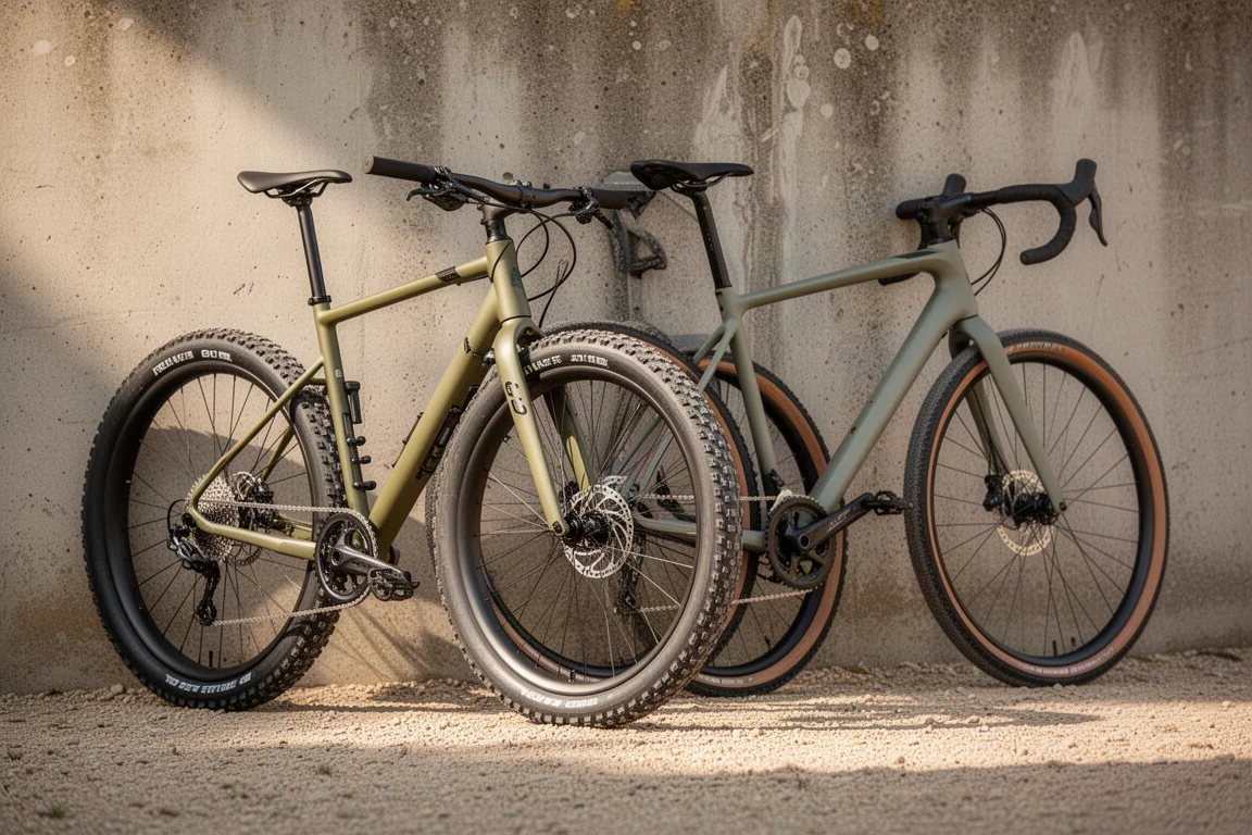 Two gravel bicycles with different tire widths leaning side by side against a concrete wall