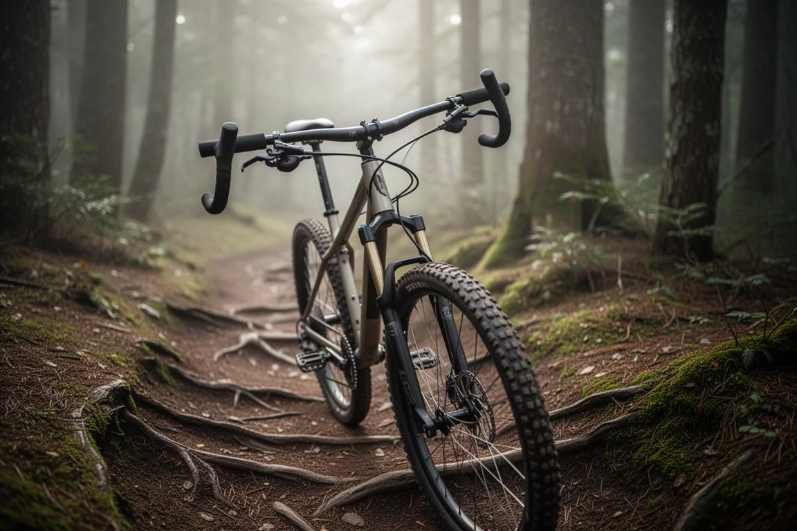 彎把登山車騎行在狹窄的森林單軌林道