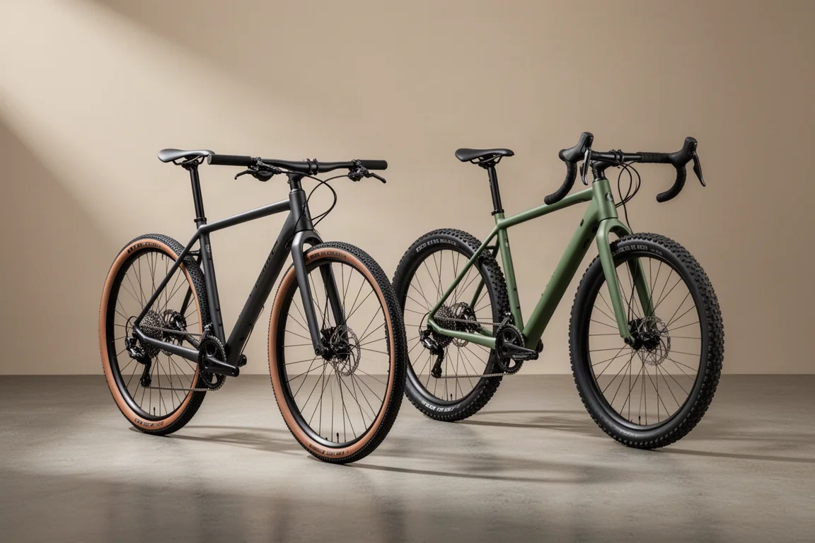 Canyon Grizl gravelcykel med rakt styre och Canyon Grand Canyon mountainbike med bockstyre sida vid sida