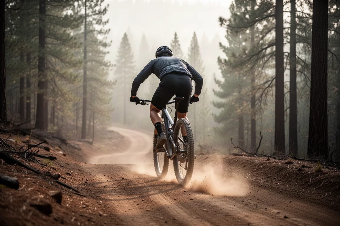 Mountainbiker, der im Morgengrauen eine steile Schotterstraße erklimmt, mit Staub und langen Schatten