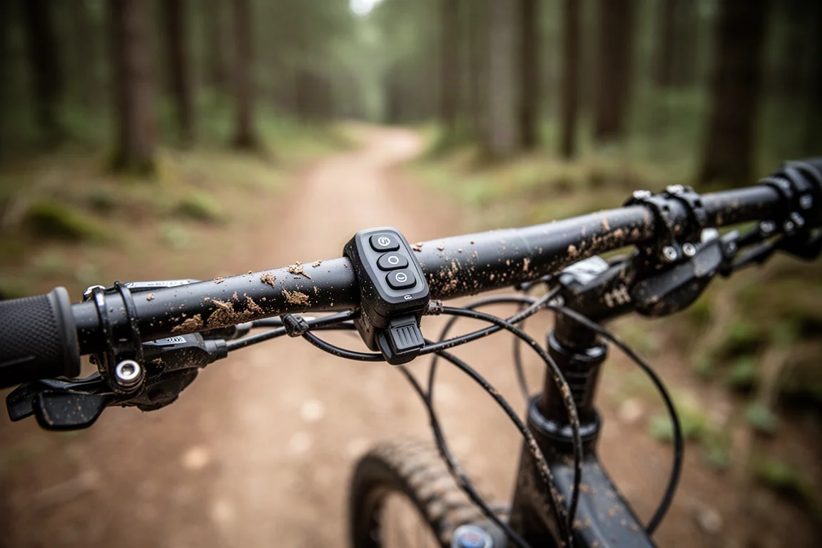 Mountainbiker, der sich in eine lehmige Anliegerkurve auf einer Waldabfahrt legt, mit aufgewirbelter Erde
