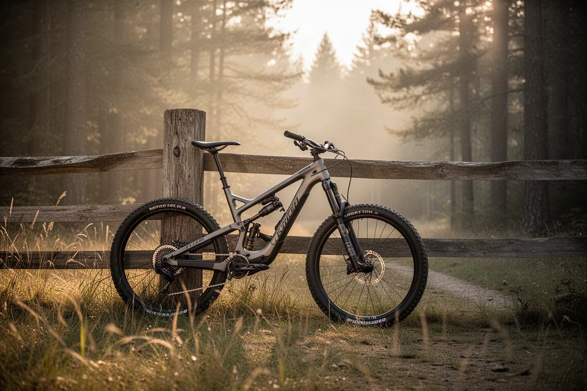 Vollgefedertes Mountainbike lehnt zur goldenen Stunde an einem hölzernen Trailhead-Schild