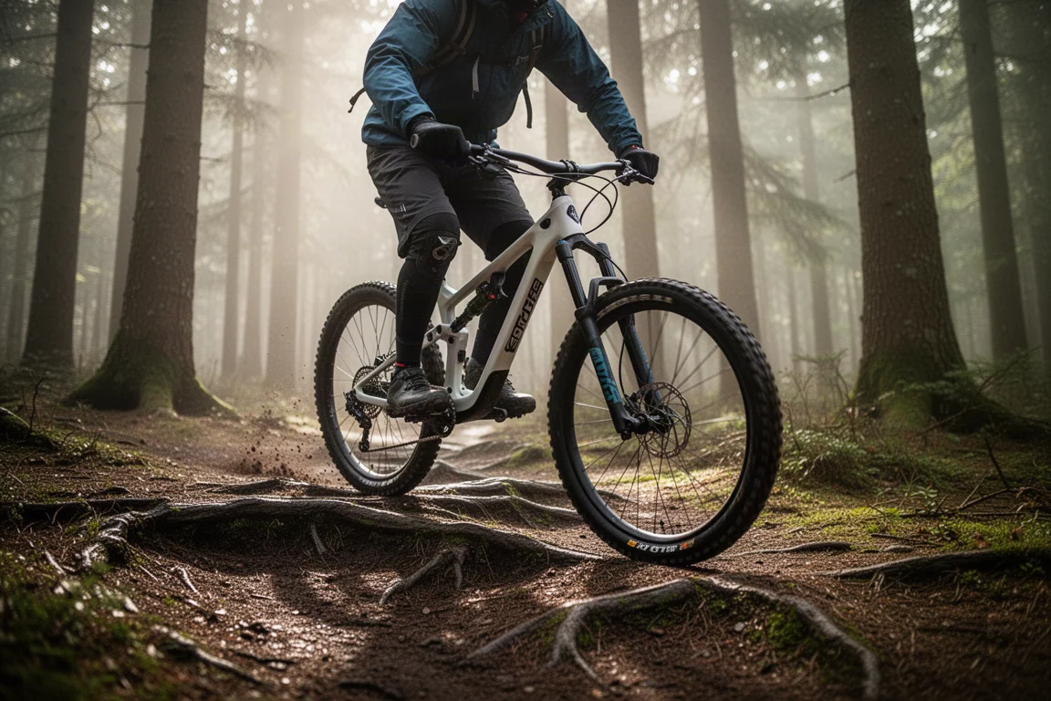 Ciclista de mountain bike em uma trilha molhada de centro de trail entre pinheiros altos