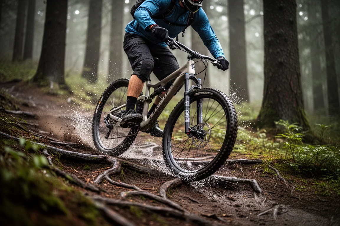 Ciclista descendo uma trilha de floresta solta e cheia de raízes em uma mountain bike de curso curto
