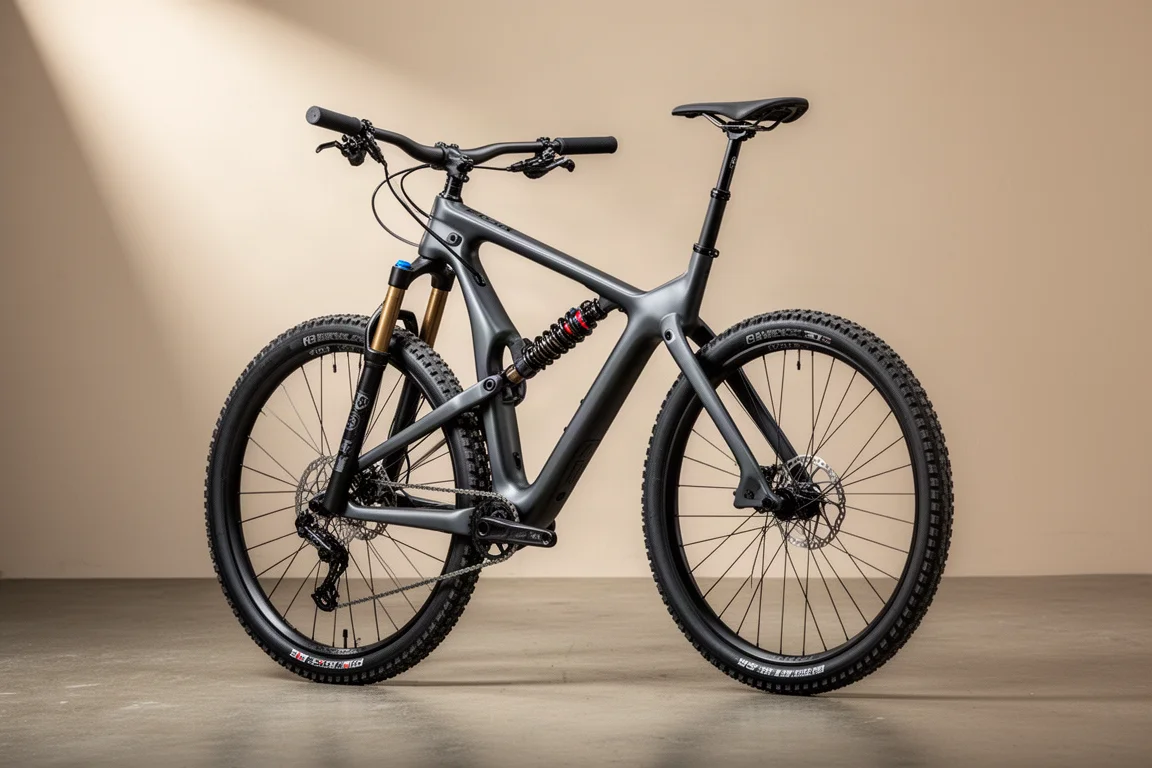 Heldämpad trailcykel i kolfiber visad från en trekvartsvinkel mot en grå bakgrund