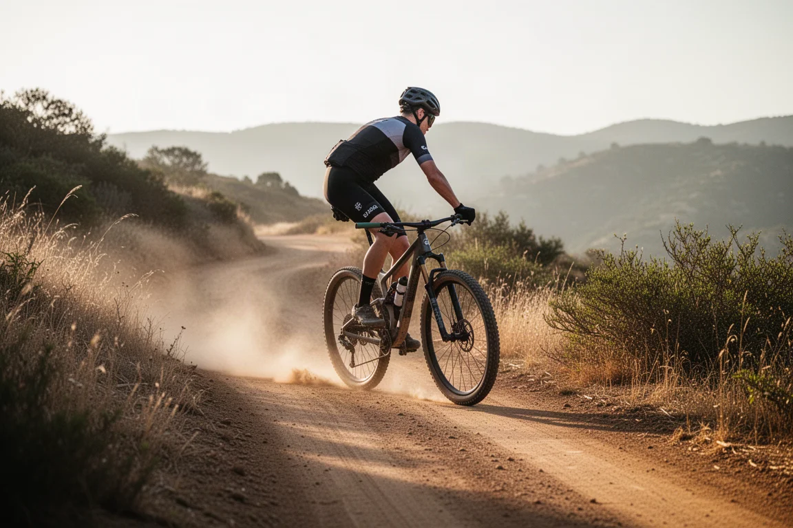 Cross-Country-Mountainbiker erklimmt in warmem Morgenlicht einen steilen, staubigen Forstweg