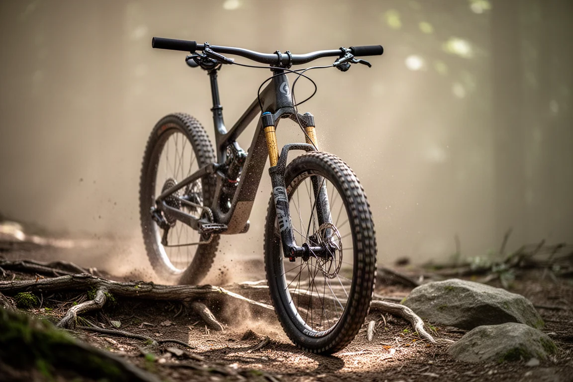 Federgabel und Lenker eines Race-Mountainbikes auf einem steinigen Trail
