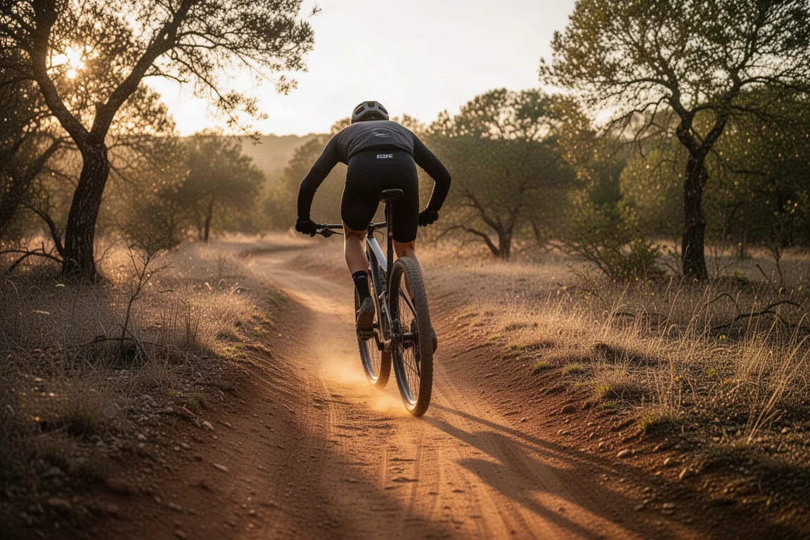 Mountainbiker fährt zur goldenen Stunde einen schnellen Hardpack-Trail hinab
