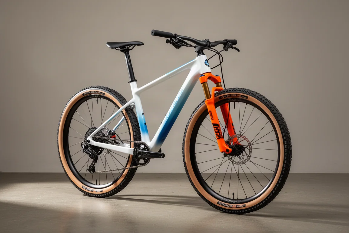Leichtes Cross-Country-Mountainbike mit weiß-blauem Rahmen und orangefarbener Gabel vor grauem Hintergrund