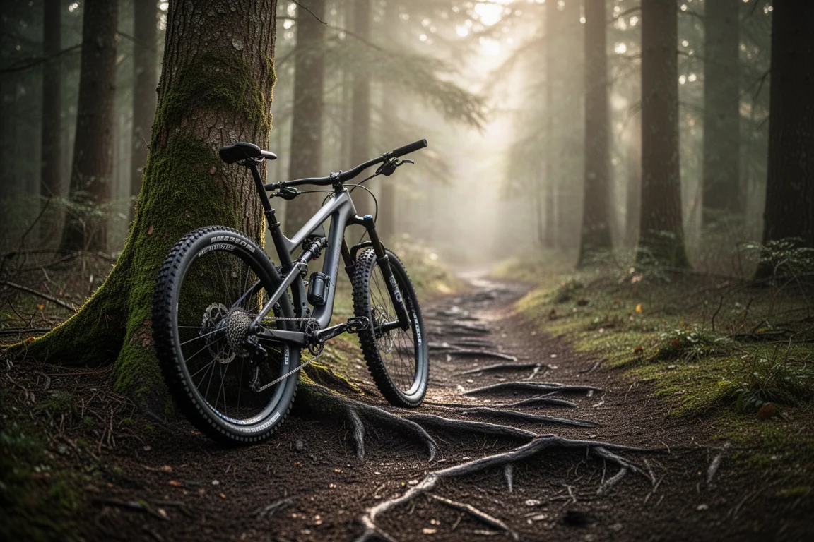 Trail-Mountainbike auf einem Wald-Singletrack im weichen Morgenlicht