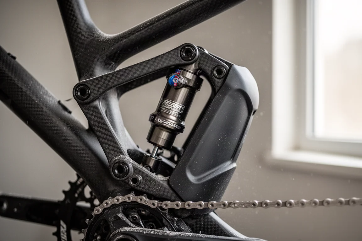 Nahaufnahme von Dämpfer und Lagerstellen an einem Carbon-Mountainbike-Rahmen