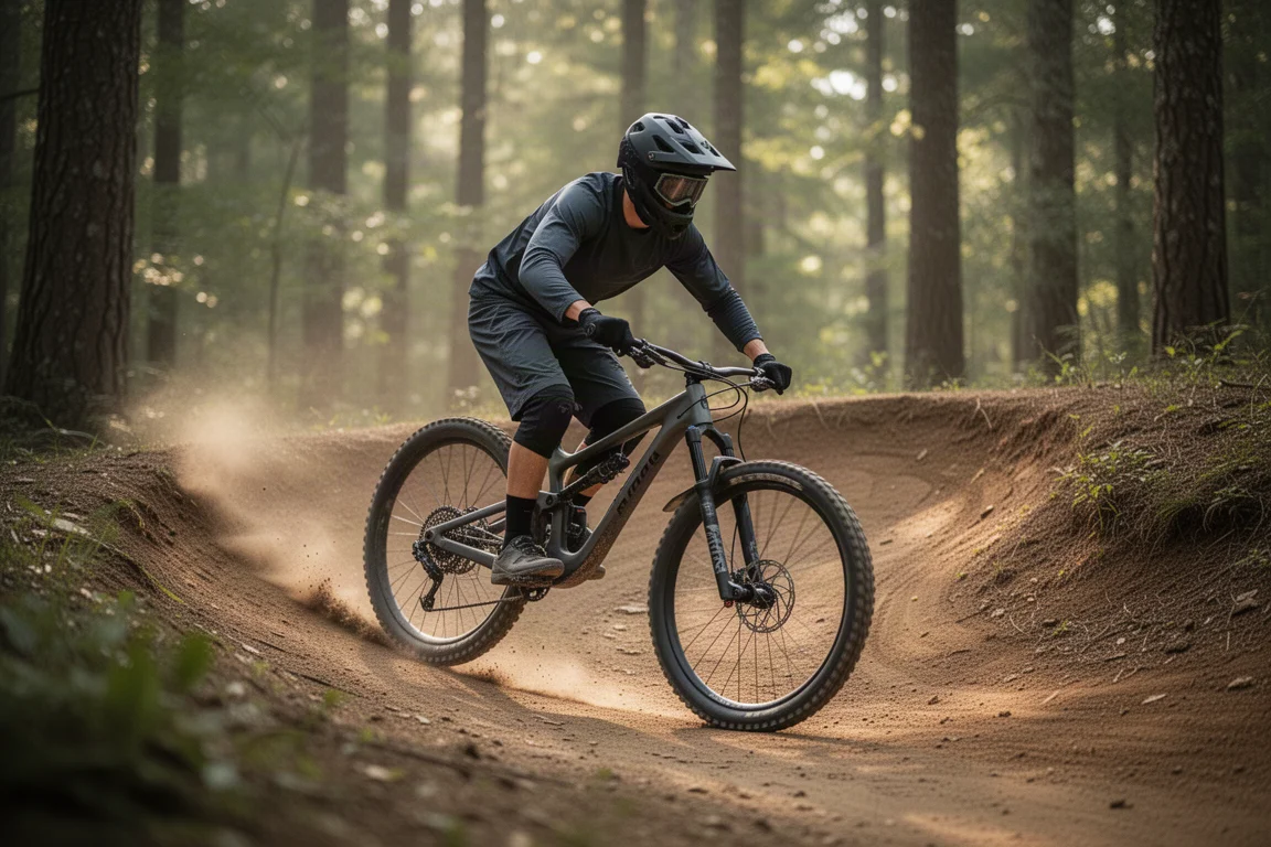 Mountainbiker, der sich in einer flowigen Berm auf einem Waldtrail in die Kurve legt