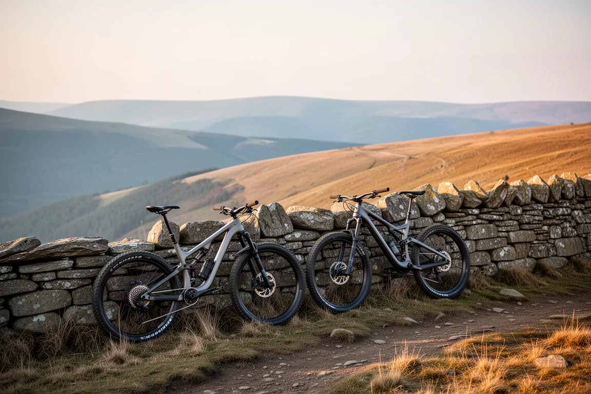 Zwei Mountainbikes, die an einer Steinmauer neben einem langen Kammweg lehnen