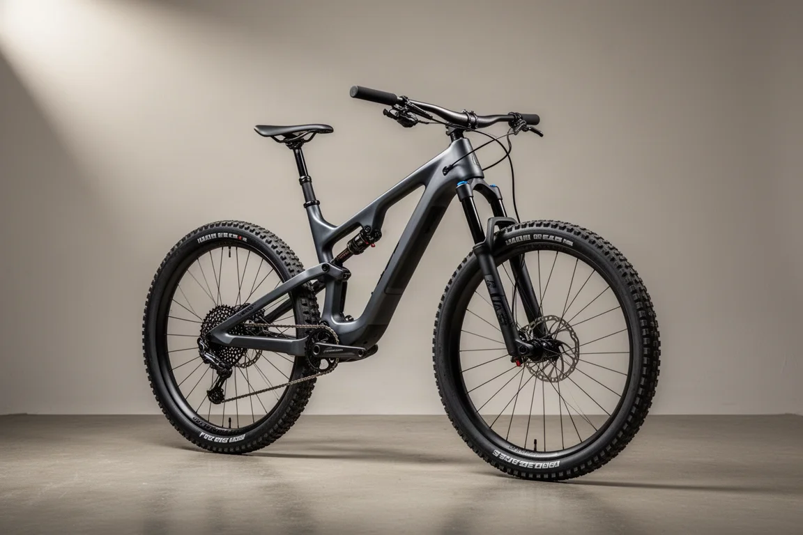 Vollgefedertes Carbon-Trail-Mountainbike, seitlich fotografiert vor neutral grauem Hintergrund