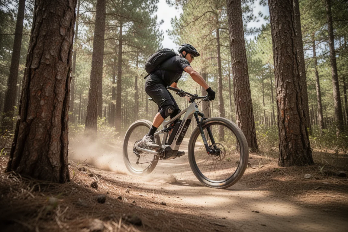 Kolarz górski pokonujący płynny singletrack przez nasłoneczniony las sosnowy