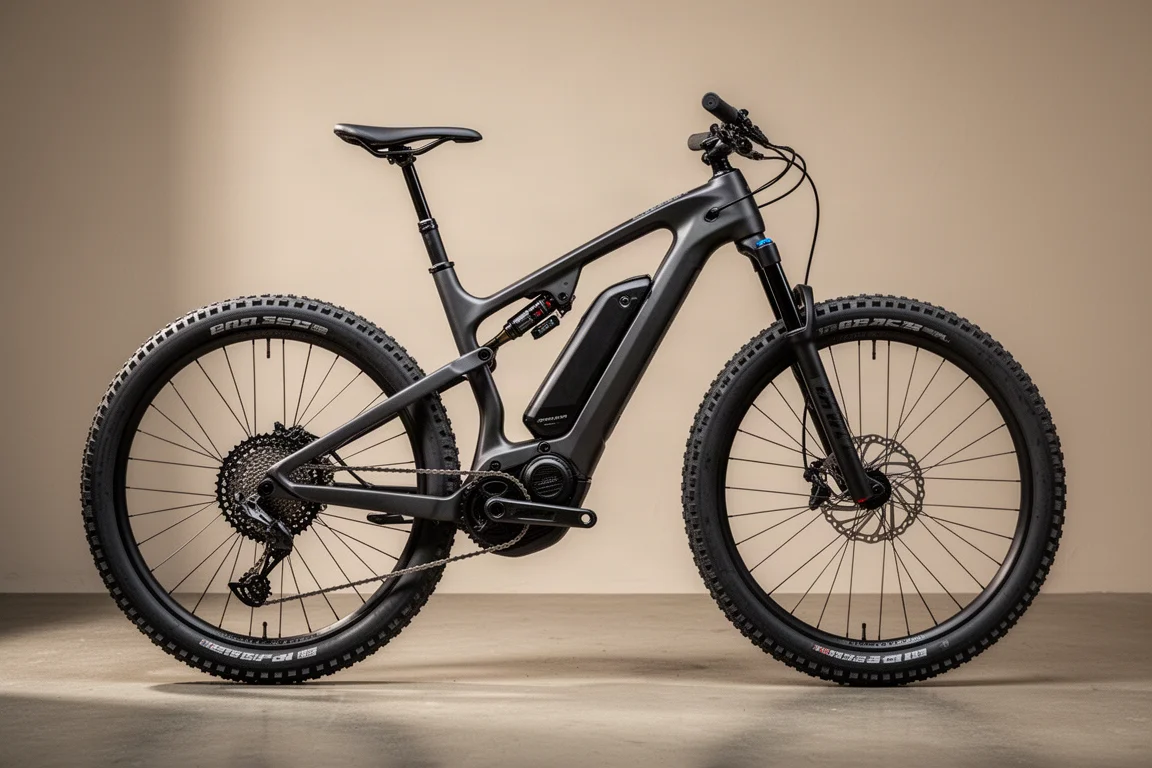 Heldämpad elmountainbike med kolfiberram och 29-tumshjul på betong
