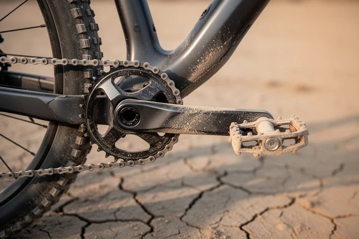 Primer plano de una biela, un plato y un pedal polvorientos de una bicicleta de montaña en plena pedalada