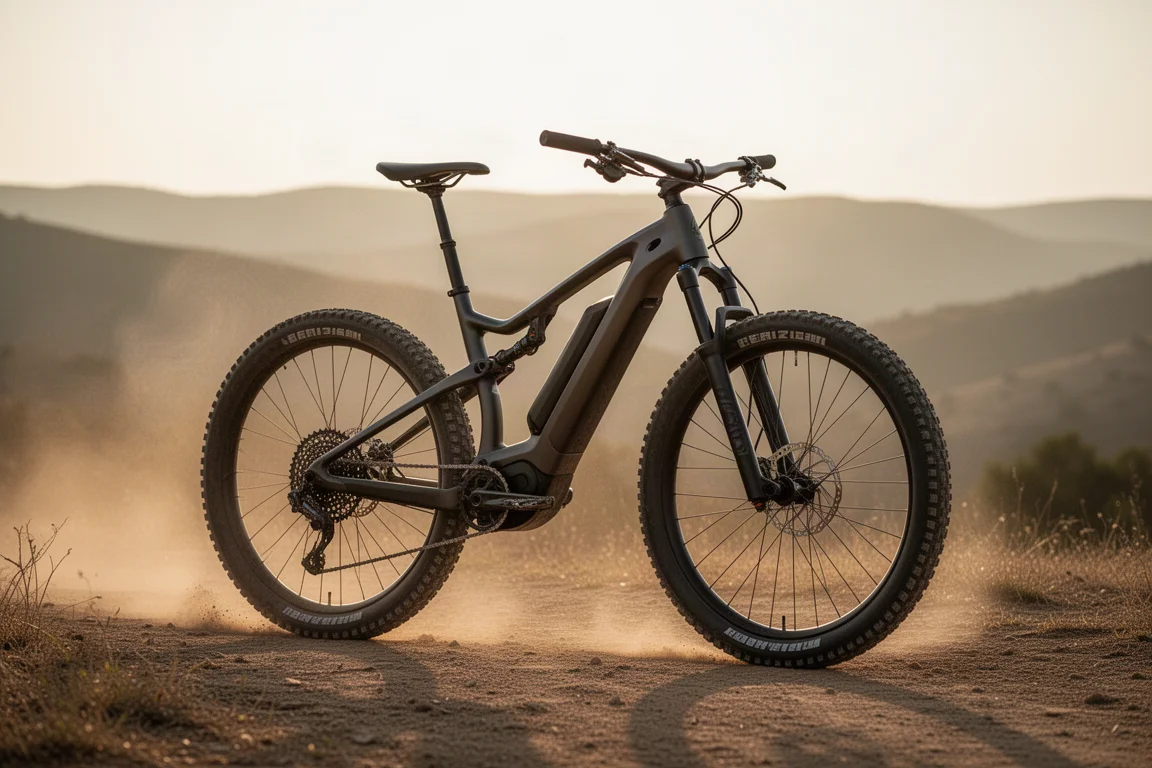 Lätt elektrisk mountainbike på dammig stig i gyllene kvällsljus