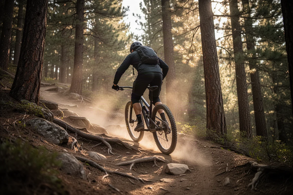 Mountain biker climbing a steep forested trail in warm evening light