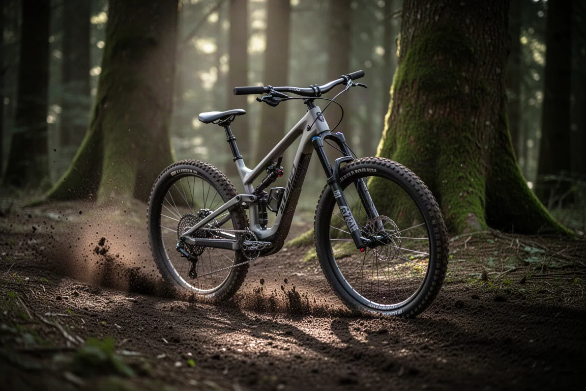 Trail bike leaning into a loamy corner with soil spraying from the rear tire