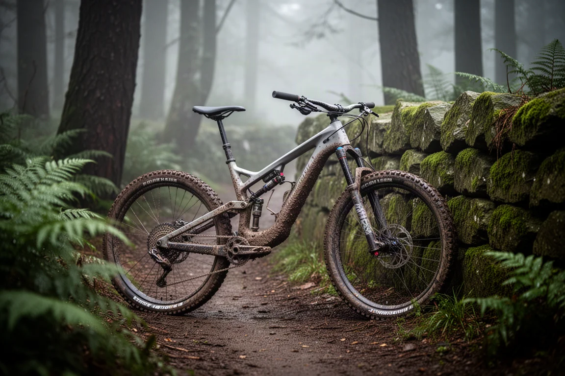 Muddy trail bike resting against a mossy rock wall beside a woodland path