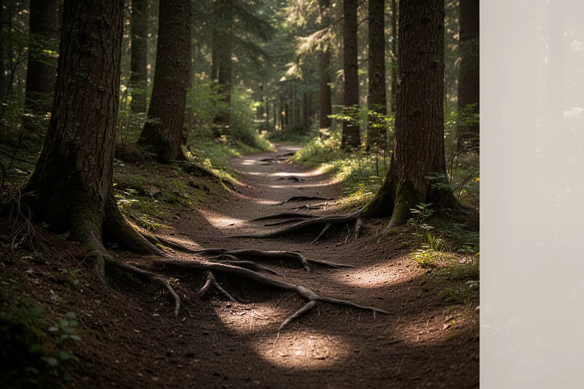 Humusreicher Waldtrail mit Wurzeln und gesprenkeltem Licht zwischen Bäumen