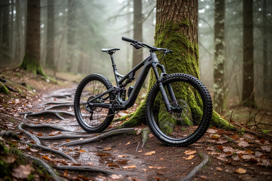 Mountain bike de trail com suspensão total apoiada em uma árvore coberta de musgo em trilha úmida na floresta