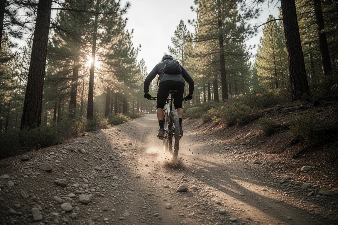 Ciclista pedalando em uma subida íngreme de cascalho solto em uma trilha na floresta