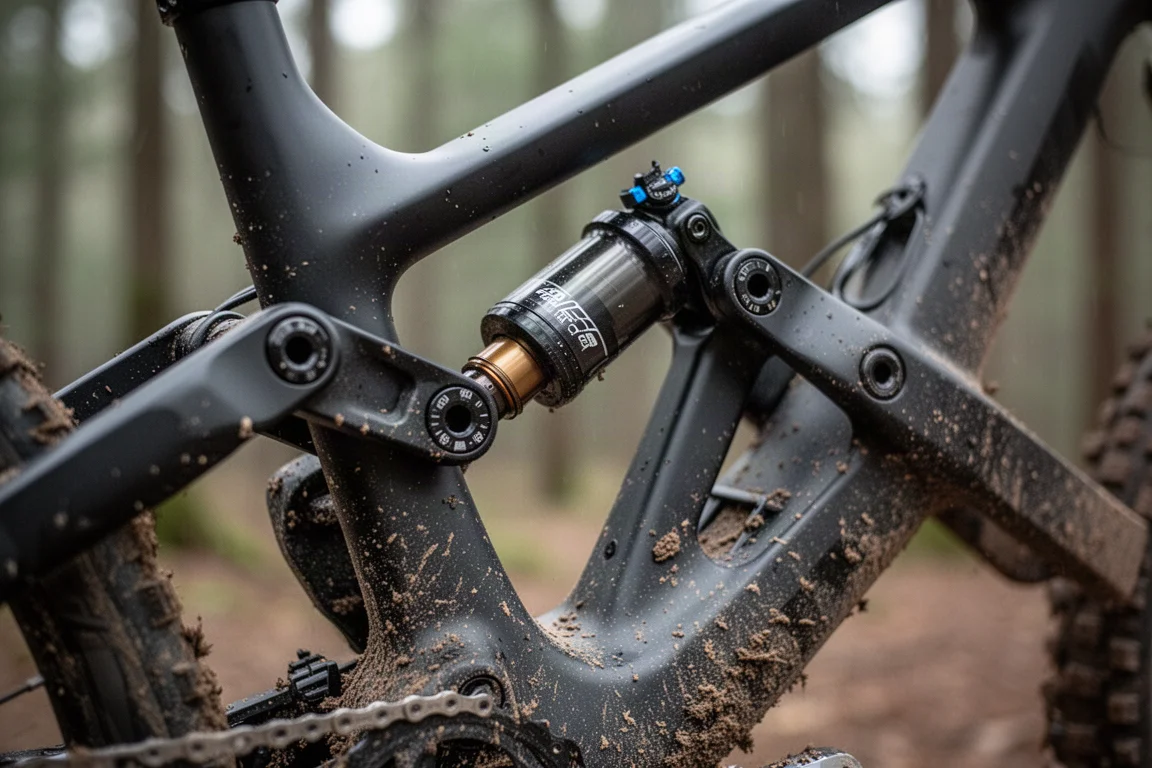 Detalhe aproximado do amortecedor traseiro e da articulação da suspensão de uma mountain bike em um quadro enlameado
