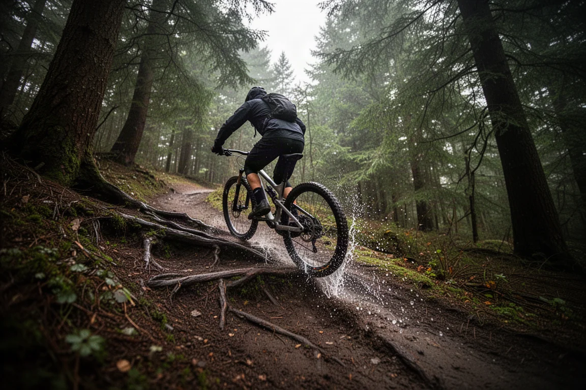 Ciclista de mountain bike descendo uma rampa íngreme com raízes em uma trilha molhada na floresta