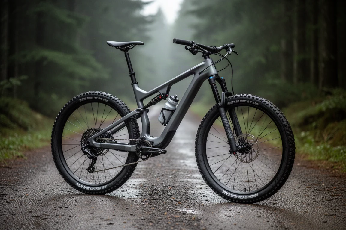 VTT de trail tout suspendu gris mat sur une piste forestière en gravier humide
