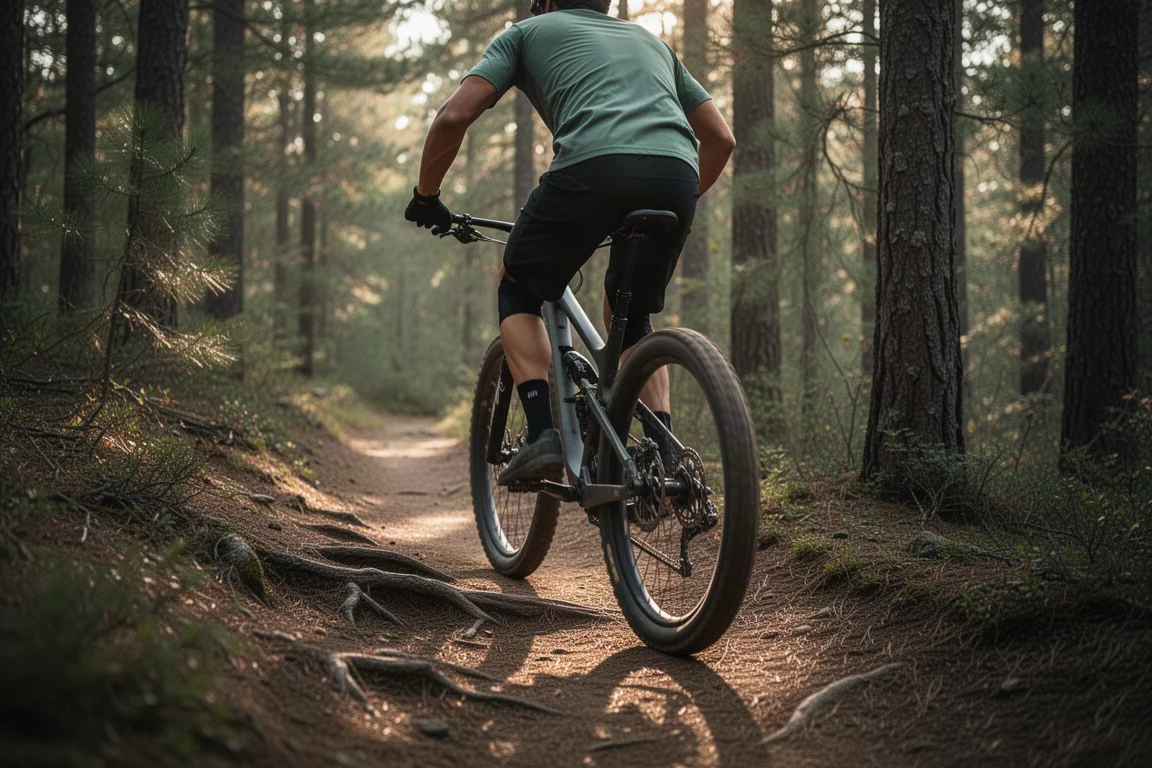 Mountainbiker klimt op een steil los pad tijdens golden hour met stof achter het achterwiel