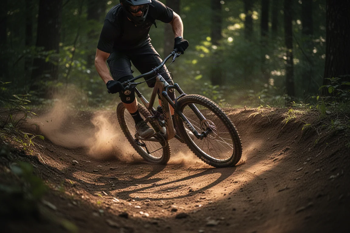 Close-up van een achterschokdemper en linkage van een mountainbike, bedekt met trailstof