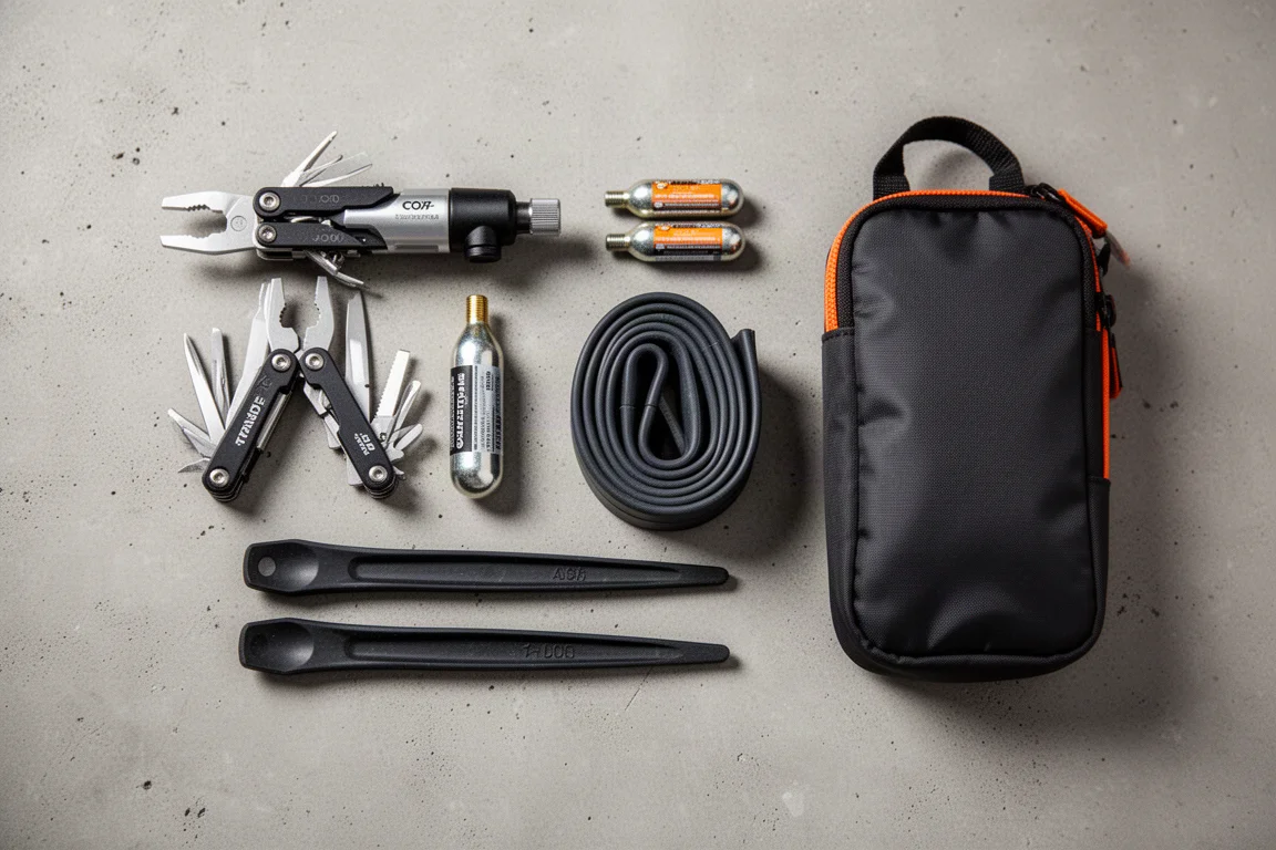 Flat-lay van benodigdheden voor onderweg, waaronder bandenlichters, binnenband, CO2-pomp en multitool