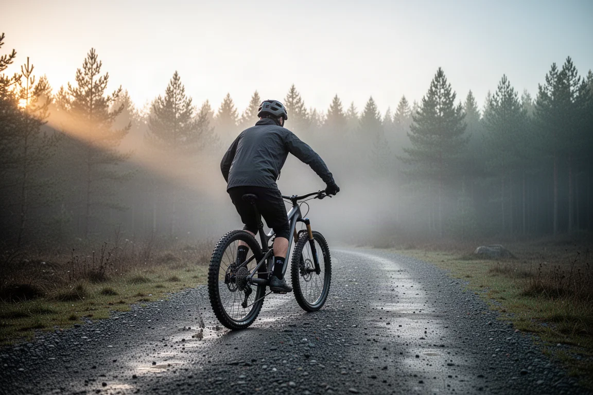 Mountainbiker leunt in een bosberm met losse grond bij schemer, met wazige bomen op de achtergrond