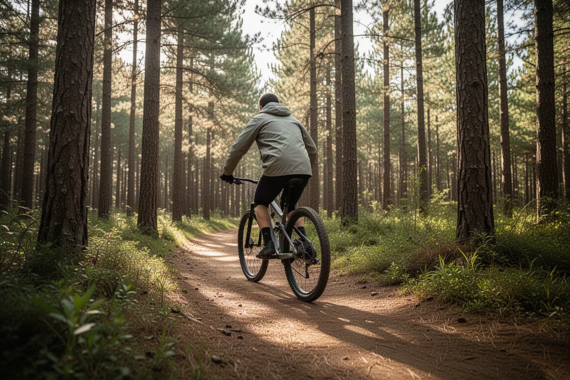 Mountainbiker auf einer Trailcenter-Strecke durch hohe Kiefern im Wald