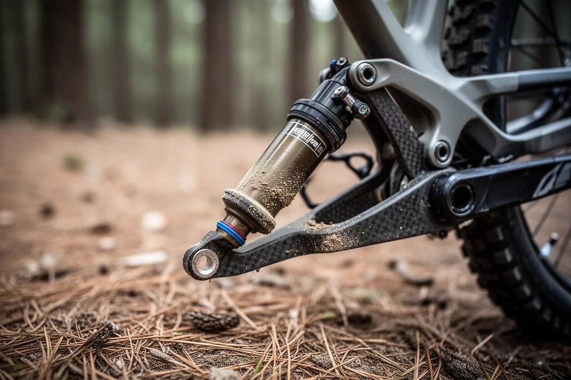 Nahaufnahme von Dämpfer und Hinterbau eines vollgefederten Mountainbikes auf Erde