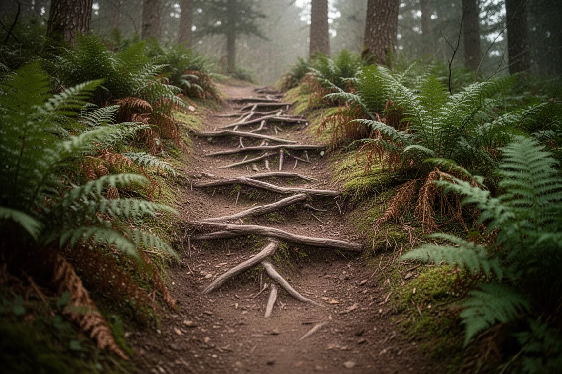 Steiler, wurzeliger Abschnitt eines schwarz markierten Mountainbike-Trails im Wald