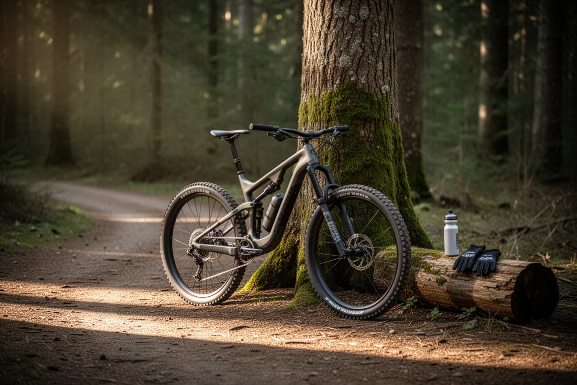 Mountainbike lehnt an einem Baum an einem Waldtrail-Einstieg in weichem Licht