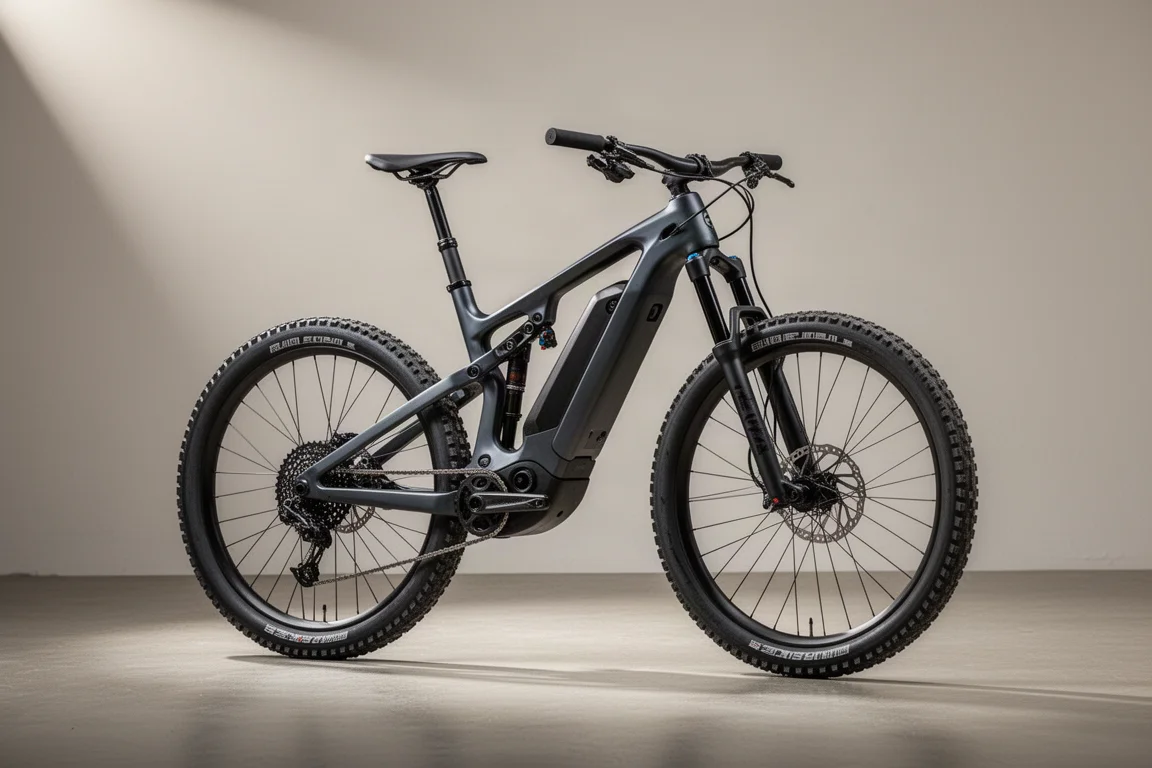 Volledig geveerde carbon elektrische mountainbike gefotografeerd op een betonnen studio-ondergrond