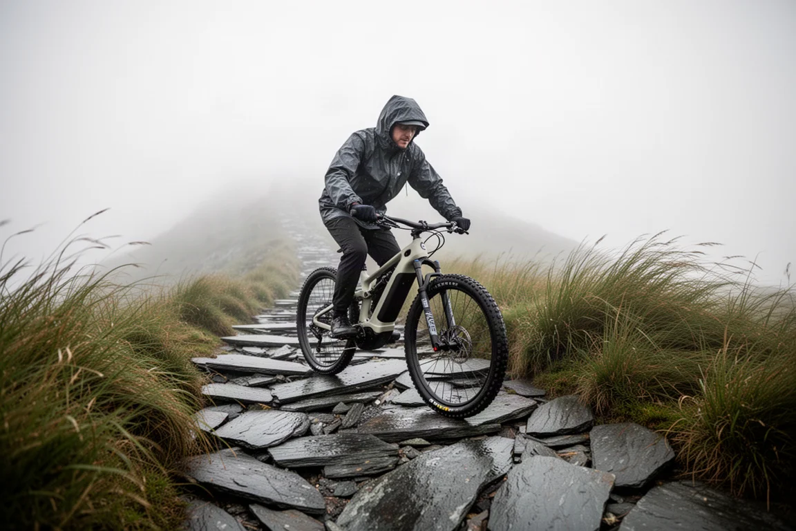 Cycliste poussant un vélo de montagne électrique tout-suspendu dans une montée raide sur ardoise mouillée sous un plafond nuageux bas