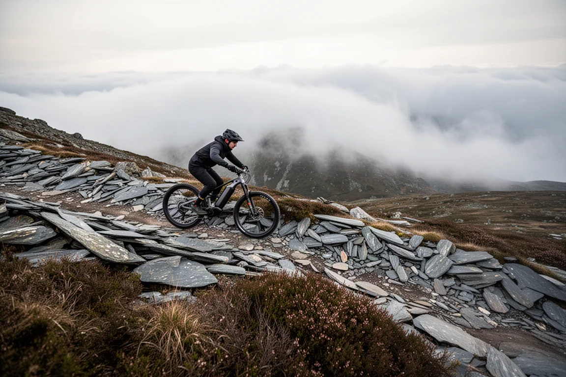 Vélo de montagne électrique descendant une piste rocheuse sous une couche de nuages