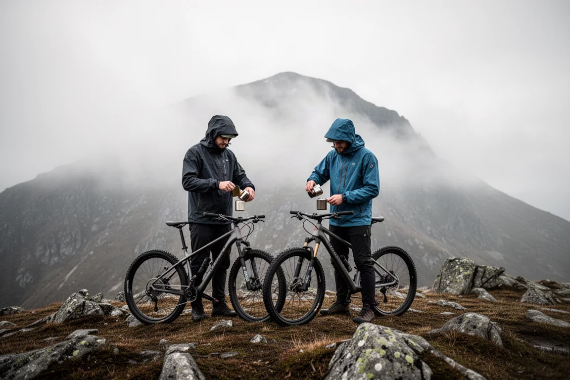 Deux vététistes se reposant à côté de leurs vélos sur une crête montagneuse couverte de nuages