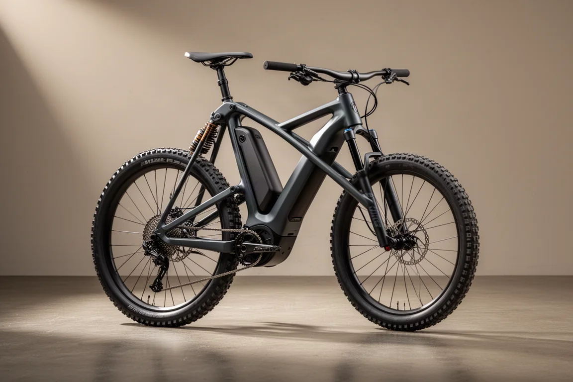 Elektrische mountainbike met volledige vering en diep weggewerkte accu in de onderbuis op een betonnen studiovloer