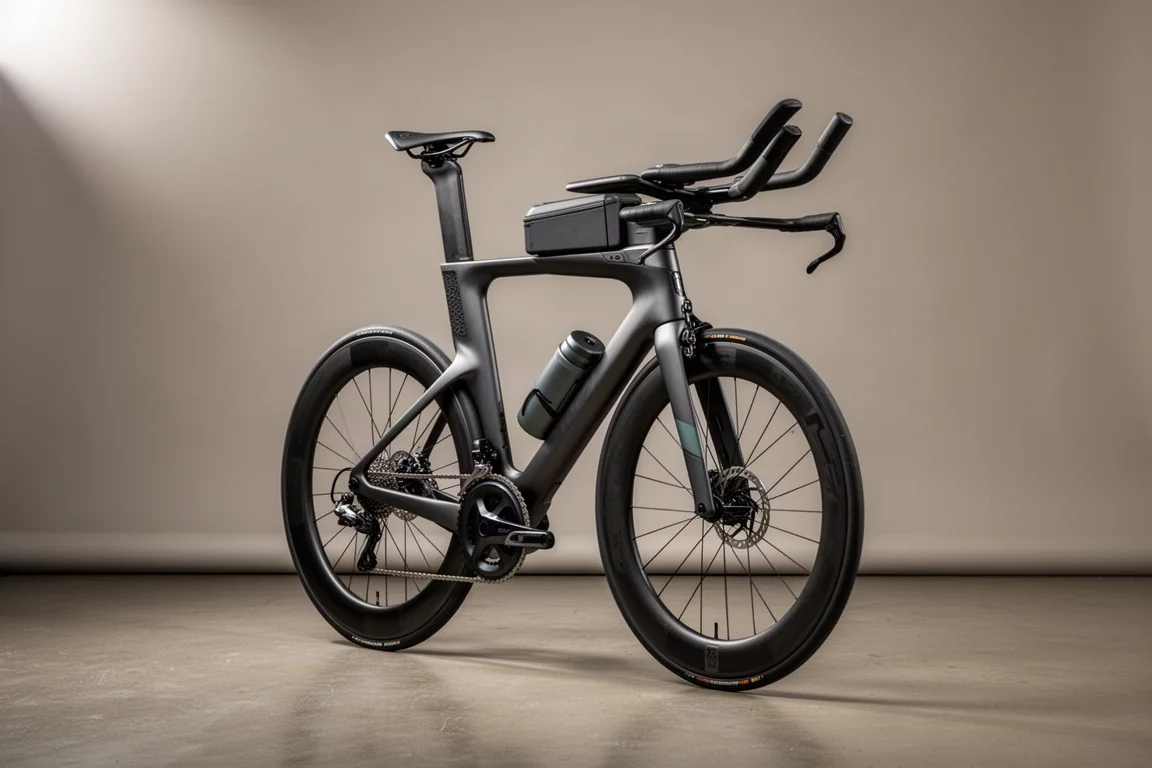 Aerodynamische triatlonfiets met diepe framebuizen en aerobar-extensies in een studio-opstelling